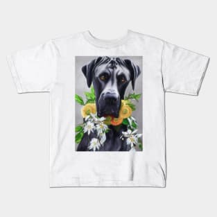 Beautiful Pastel Great Dane With collar Of Yellow & White Flowers Kids T-Shirt